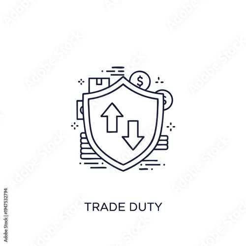 Shield with arrows, cargo, and money symbols, suggesting trade protection and fees