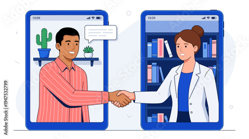 Business Handshake Between People on Two Smartphone Screens, Concept for Virtual Collaboration, Remote Work, and Online Digital Agreement Illustration