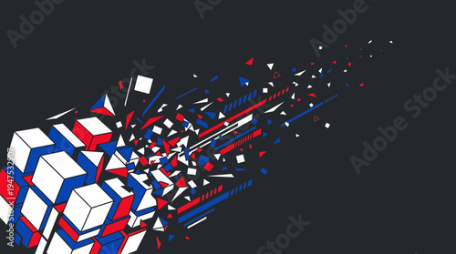 Abstract Geometric Explosion of 3D Cubes and Digital Particles in Red White and Blue Colors on Dark Background