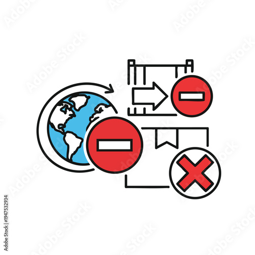 World map with traffic signs indicating restrictions and blocked paths