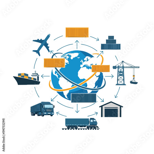 Global logistics network diagram with various transport modes and containers