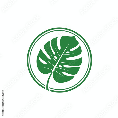A green monstera leaf logo is enclosed in a double green circle on a white background