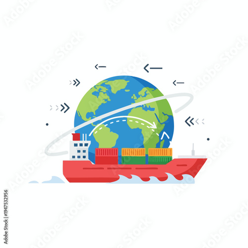 Cargo ship carrying containers sails around a globe with orbital arrows