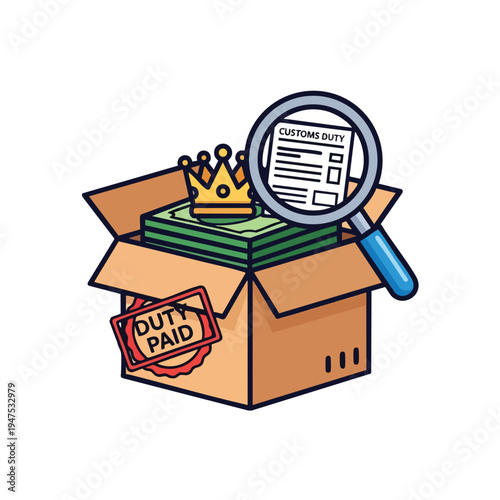 Box with money, crown, customs document, and duty paid stamp