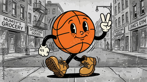 Vintage 1930s Rubber Hose Style Basketball Cartoon Character Walking on a City Street, Retro Urban Animation Illustration
