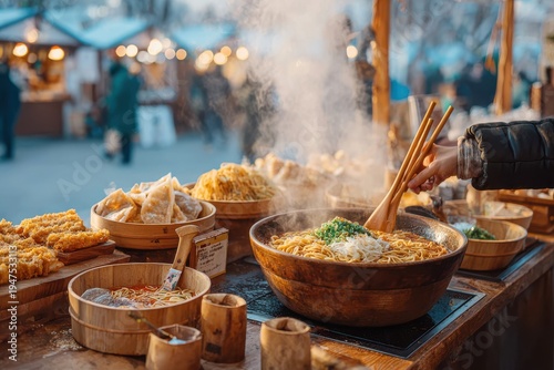 Authentic Asian street food market scene with steaming noodles, vibrant colors, and an array of delicious snacks creating an inviting culinary atmosphere.