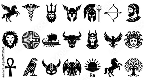 Ancient Mythology Vector Icon Set Featuring Greek, Egyptian, and Norse Symbols: Medusa, Pegasus, Poseidon, Ankh, Spartan Helmet, and Legendary Creatures Silhouettes