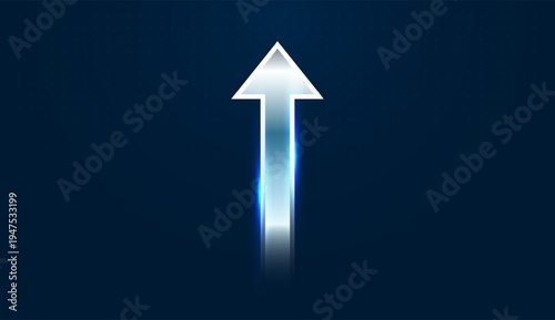 A rising upward arrow represent strong progress in modern technology, expanding Finance markets, and competitive Business development. A large glowing arrow leads the upward