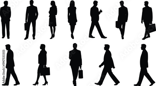Business professional silhouettes, corporate attire, office workers, formal clothing, briefcase figures, workplace diversity, standing walking poses, career concept, business illustration, 