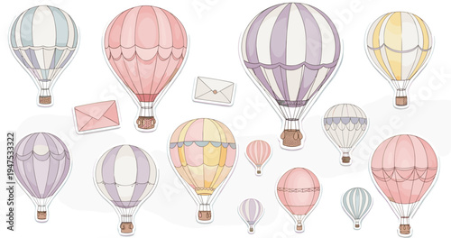 Whimsical hot air balloons and envelopes in pastel colors, perfect for invitations, decorations, and creative projects