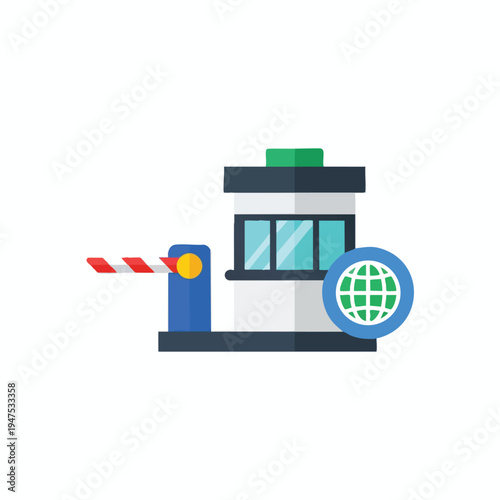 Flat icon of a toll booth with a red and white striped barrier and a globe symbol
