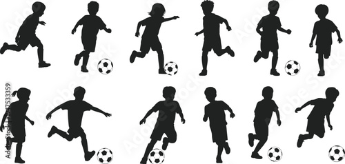 Children soccer silhouettes, kids playing sport, football activity, teamwork illustration, athletic movement, youth sports, dynamic poses, outdoor game, physical activity, sports concept