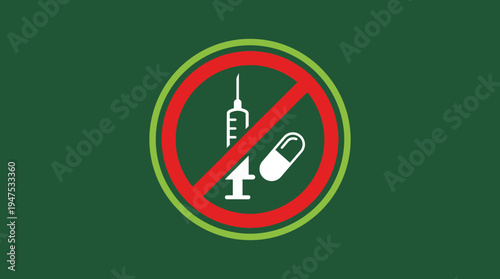 Anti-Drug Icon with Syringe and Pill Capsule in Red Prohibited Sign on Dark Green Background, Substance Abuse Prevention Concept