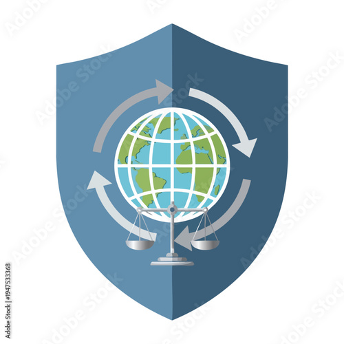 Shield with globe, scales of justice, and circular arrows