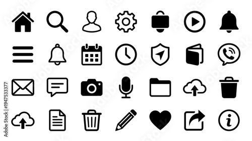 Universal Set of Minimalist Black UI and UX Icons for Web and Mobile App Interface Design, Featuring Home, Search, Settings, and Communication Symbols