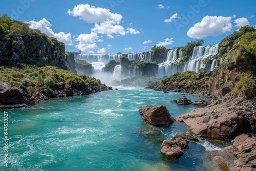 Captivating Iguazu Falls Surrounded by Lush Greenery and Vibrant Blue Water in Sunny Weather, Showcasing the Majesty of Nature's Waterfalls and Scenic Beauty