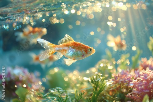 Captivating Underwater Scene with Goldfish Swimming Gracefully Among Vibrant Aquatic Plants and Glimmering Light Reflections in a Tranquil Aquarium Environment