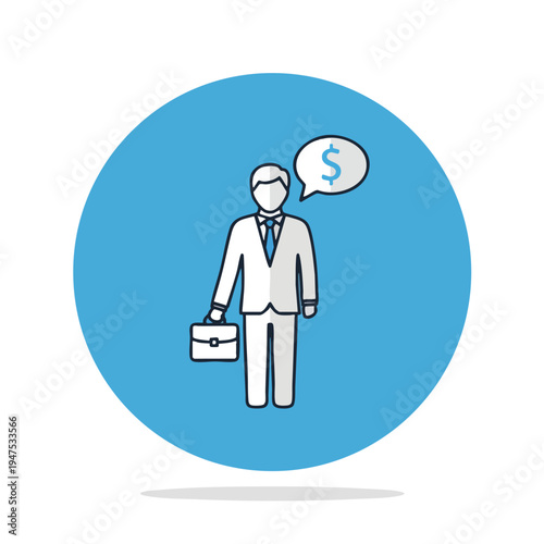 Stylized man in suit holding briefcase, with money symbol in speech bubble