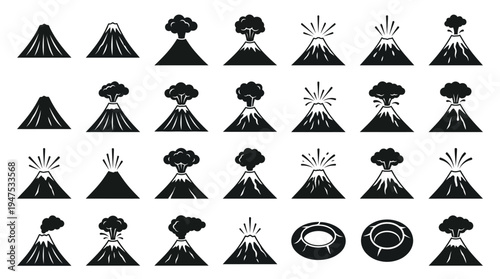 Volcano Icon Set: Collection of 28 Erupting Mountain Symbols and Caldera Silhouettes