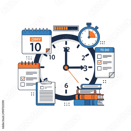 Illustration of planning, time management, and tasks with a clock, calendar, and to-do lists