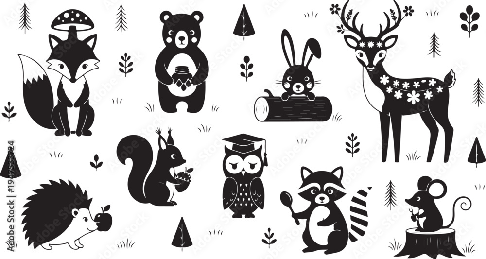 Obraz premium Black and white forest animals with various creatures and