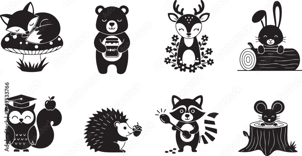 Fototapeta premium Black and white of animals in various poses and settings mushroom