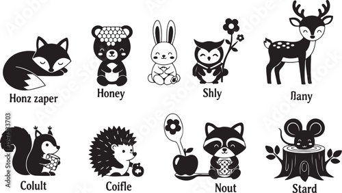 Black and white cartoon animals with names under each
