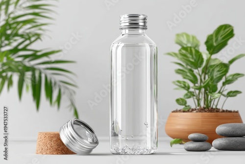 Clear Glass Water Bottle with Cork Lid and Indoor Green Plants in a Minimalistic Setting, Ideal for Eco-Friendly Lifestyle and Freshness Representation