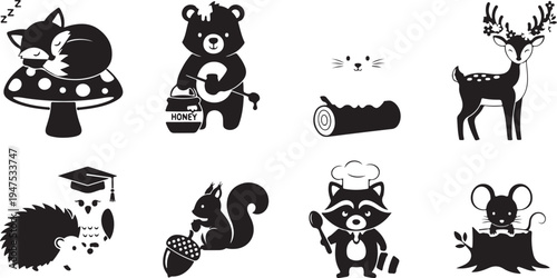 Black and white of animals in various activities and poses mushroom