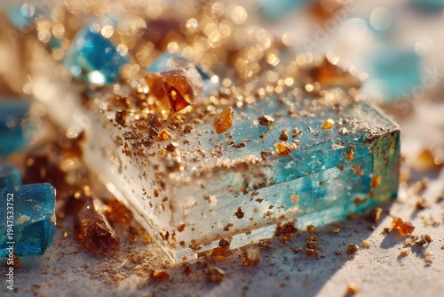 Close-up of colorful crystals and sparkling minerals on a surface, showcasing the beauty of natural gems, glimmers, and textures in stunning detail and vibrant hues