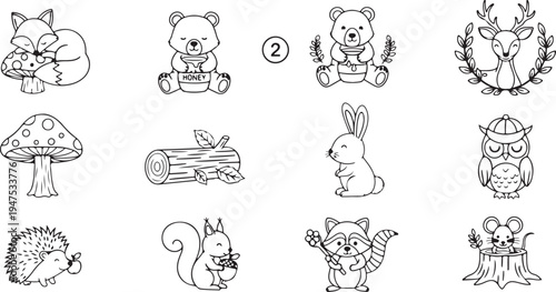 Black and white line of forest animals and nature line forest