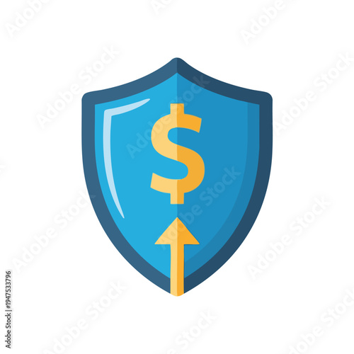 Blue shield with yellow dollar sign and upward arrow inside