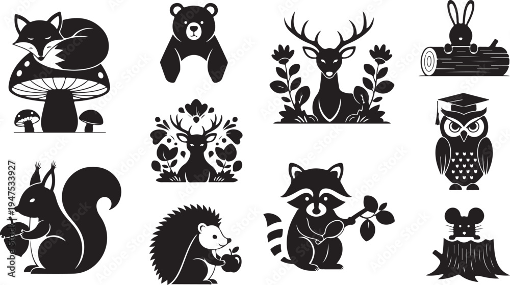 Obraz premium Black and white of various forest animals and