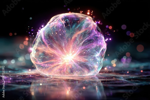 Colorful abstract light sphere surrounded by luminous particles creating a magical atmosphere of energy and wonder, perfect for backgrounds and artistic designs.