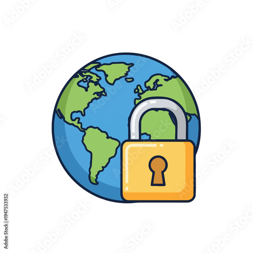 A stylized depiction of the Earth secured by a prominent yellow padlock