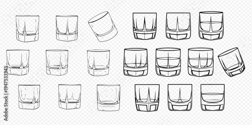 Set of empty whiskey glasses, hand-drawn sketch collection of various old fashioned tumbler designs for drinks.