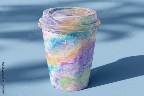 Colorful and Artistic Takeaway Cup with Abstract Swirls, Perfect for Beverages and Creative Presentation in Minimalist Style, Ideal for Cafes, Events, and Photo Shoots