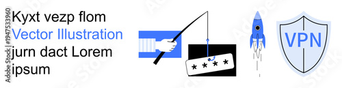 Cybersecurity, data protection, online safety, digital security, phishing threats, secure browsing. A fishing hook with credentials, rocket symbol and shield icon with VPN text. Cybersecurity
