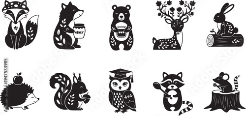 Black and white silhouettes of various forest animals and nature