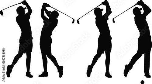 Golf swing silhouettes, sports training, athletic posture, golf club motion, follow-through illustration, golfing technique, player stance, outdoor sport, fitness concept, game design