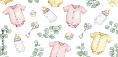 Cute Baby Clothes and Eucalyptus Seamless Pattern, Perfect for Newborn Gift Wrap, Baby Shower Decor, and Nursery Art