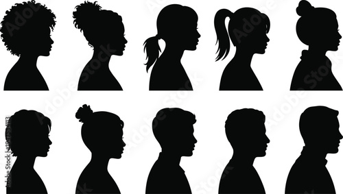 Human profile silhouettes, diverse hairstyles, male female heads, side view illustration, identity concept, people diversity, facial outline, design element, psychology study, artistic motif