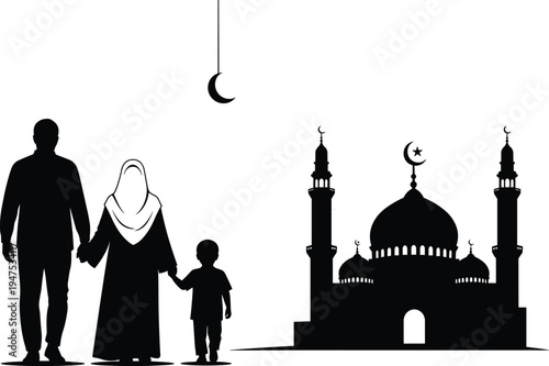 Muslim family silhouettes with child standing near mosque and crescent moon, Islamic culture, Ramadan Kareem spiritual vector illustration