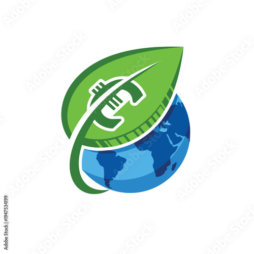 Green leaf encircles globe with abstract design; suggests eco-finance