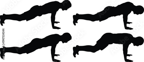 Push-up exercise silhouettes, fitness training, workout illustration, body strength, core stability, chest triceps workout, athletic posture, gym concept, exercise form, health design