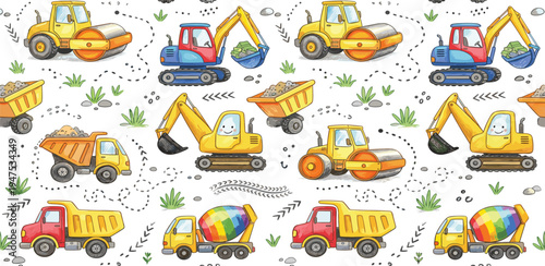 Whimsical Construction Vehicles and Digging Machines Pattern Featuring Cute Excavators, Dump Trucks, and Road Rollers with Playful Elements