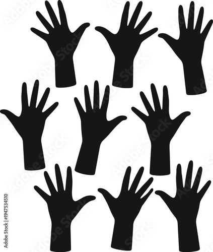 Silhouette raised hands, unity concept, volunteering participation, teamwork support, community engagement, protest symbol, equality diversity, activism illustration, solidarity background,