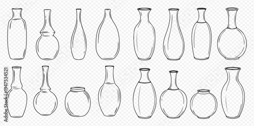 Set of hand-drawn empty glass bottles and vases with various shapes and sizes.