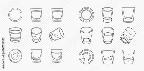 Set of shot glasses in various angles and perspectives, line art vector illustration for bar and drink designs.