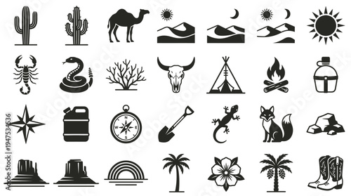 Desert and Western Icons Set: Collection of Black and White Vector Symbols featuring Cactus, Camel, Dunes, Skull, Campfire, and Wildlife